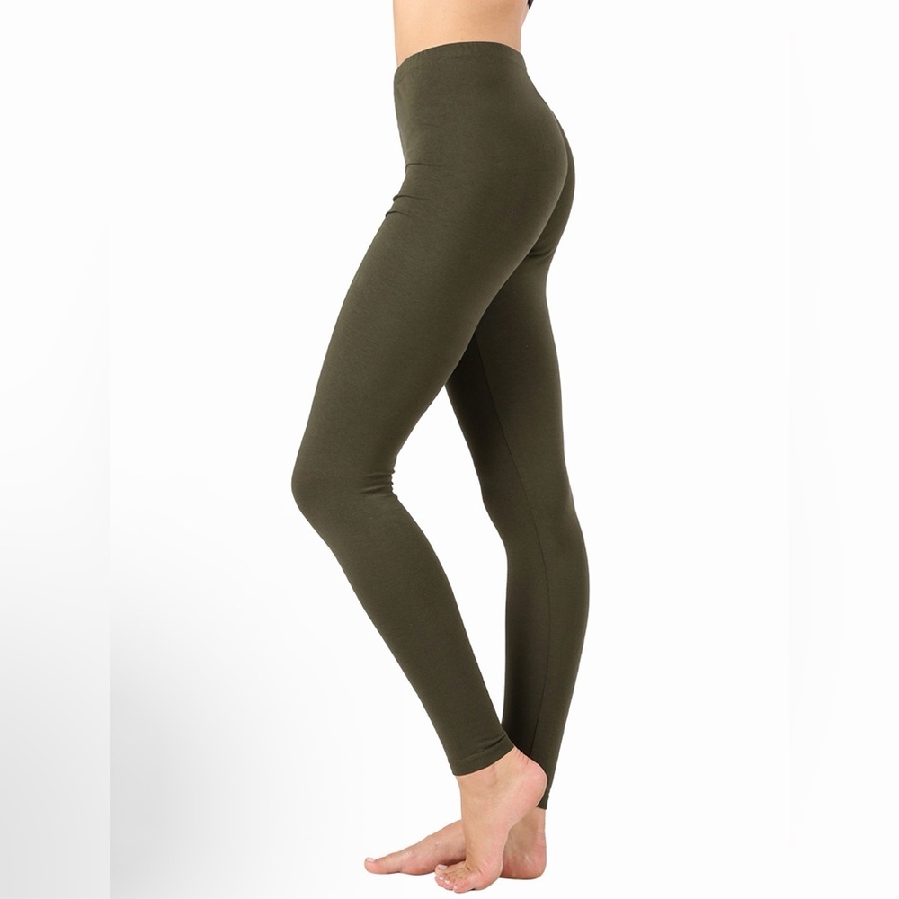 Zenana Outfitters Premium Cotton High Waist Full Ankle Leggings Dark Olive
